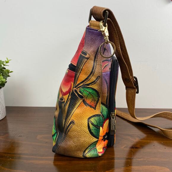 Anuschka Hand Painted Multi Pocket Hobo Leather Crossbody Bag Cat Floral Motif - Picture 4 of 14